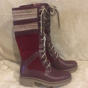 Red knit panel boots